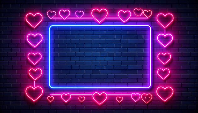 Abstract neon marquee background frame illustration with pink gold heart pattern for Christmas celebration banner design