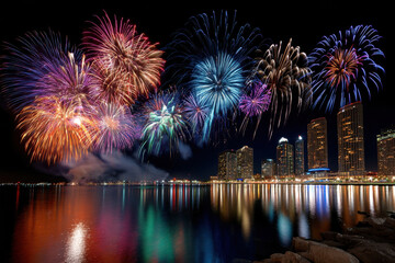 Dazzling Fireworks over a Cityscape at Night