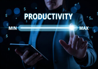 Business productivity maximization concept. Woman adjusting virtual slider from 'Min' to 'Max' on digital interface.
