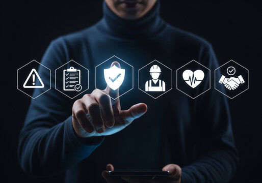 Health, Safety, and Environment (HSE) and Insurance concept. Businessman touching virtual screen with risk management icons.