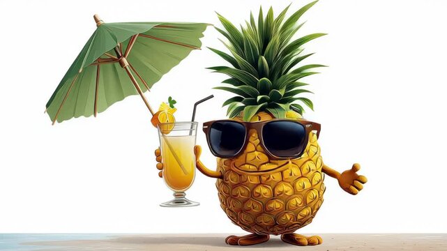 Cheerful cartoon pineapple character holding a tropical drink with a small umbrella, showcasing a fun beach vibe, camera smoothly pans to capture the playful essence of summer enjoyment