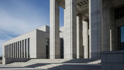 Obraz premium Modernist architectural building with tall columns and staircase in urban setting