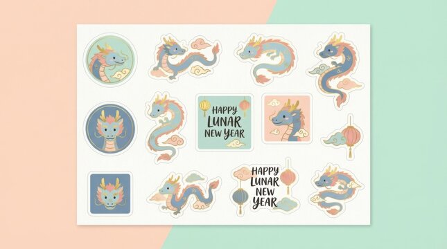 modern mixed sticker set template for lunar new year east asia illustration template featuring stylised dragon and cloud motifs on simple pastel background with plenty of empty space