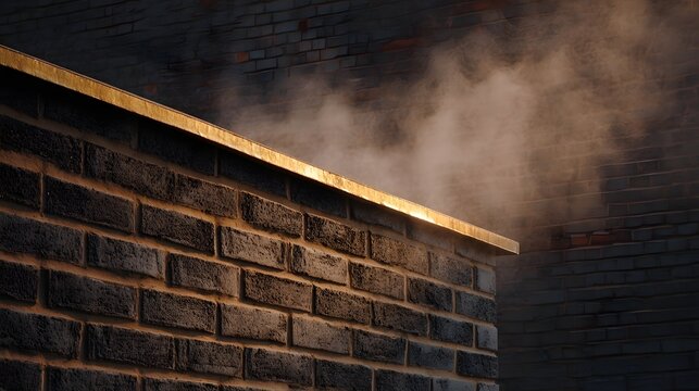 Dark textured brick wall featuring a golden ledge with atmospheric mist swirling around it bathed in warm golden hour light - Powered by Adobe