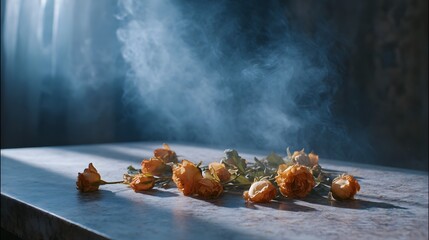 Dry roses on a stone table bathed in dramatic light and mist