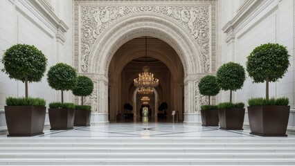 Ornate renaissance architecture with symmetrical topiary and grand chandelier