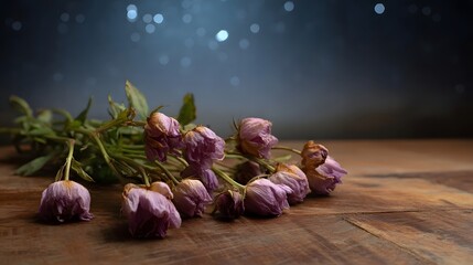 Delicate withered purple roses lie ically arranged on a rustic wooden surface with a soft blurred background featuring ethereal bokeh lights