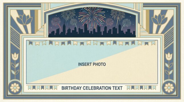 modern border frame template for north korean leader birthday celebration illustration template featuring fireworks above generic city skyline