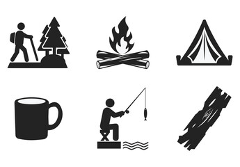 Isolated illustration of a fishing, tent, bonfire, hiking in the hilly forest, used wooden planks, and other for adventure wild outdoor image silhouette and icon.