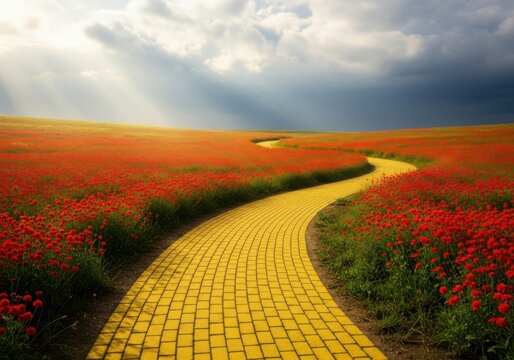 Winding yellow brick path through vibrant red poppy field, journey under dramatic sky