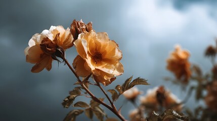 Wilting yellow roses with delicate dry petals stand against a dark stormy sky evoking a sense of transient beauty