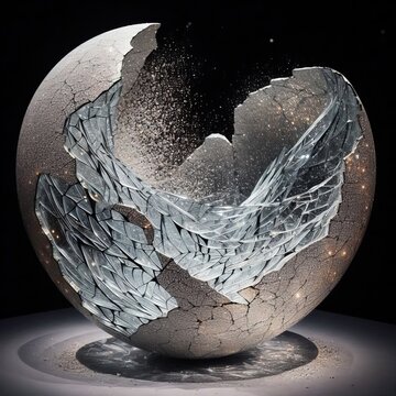 A glass art piece shattered and reassembled the cracks filled wi