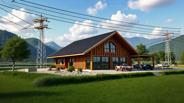 picturesque mountain house stands on a grassy hill, surrounded by lush greenery and blue skies. there are power poles near the house. tranquil rural setting is peaceful and scenic.