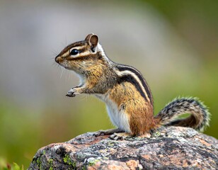 Chipmunk stands on a rock in soft focus, surrounded by green and gray out of focus background
