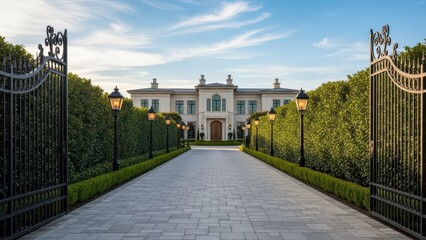 Elegant mansion with symmetrical design and gated entrance lined by hedges