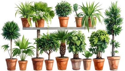 Various potted plants arranged on shelves & the floor, in terra cotta pots, against a white background, illustrative style