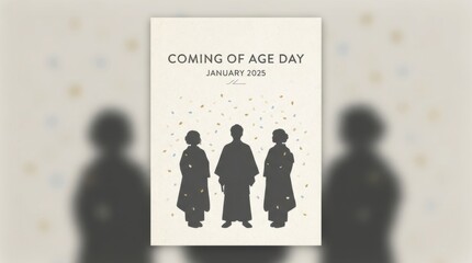 minimalist calendar cover template for coming of age day japan illustration template featuring silhouettes in traditional clothing with confetti on light neutral background with soft vignette