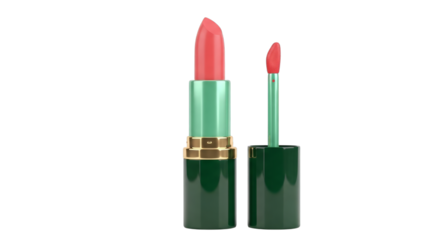A view of lipstick and lip gloss with green and gold containers open on transparent background