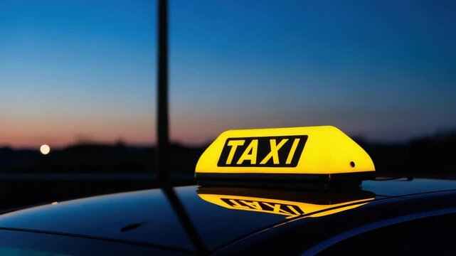 Taxi sign glows atop parked car at dusk, signaling urban transit availability. The taxi sign illuminates night with bright yellow light, conveying ride service. - Powered by Adobe