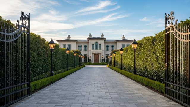 Elegant mansion with symmetrical design and gated entrance lined by hedges
