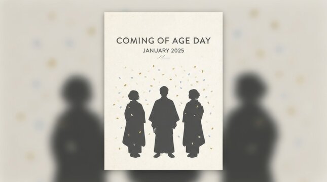 minimalist calendar cover template for coming of age day japan illustration template featuring silhouettes in traditional clothing with confetti on light neutral background with soft vignette