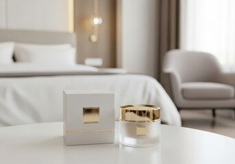 Fototapeta premium Beauty cream jar with box on table against blurred bedroom background