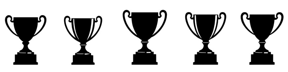 five black trophy silhouettes lined up against a clean, white backdrop. Each trophy has a unique shape and base, symbolizing different levels of achievement and success in various competitions.