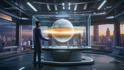 Futuristic Man Interacting with Holographic Earth in Modern Control Room.