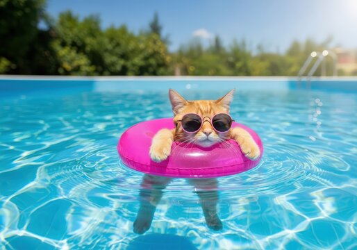Ginger cat in sunglasses relaxing on an inflatable ring in a pool