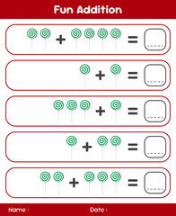 Game for children addition by counting lollipops. Educational mathematical game. Addition game for children. Kids activity sheet. Template for addition