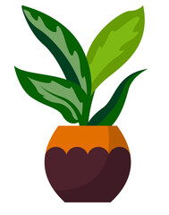 A potted plant with green leaves and a brown and orange decorative flower pot