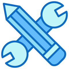 Tools Set Blue Fill Outline Icon Design Vector - wrench and pencil crossed together symbolizing technical work, creativity, and repair