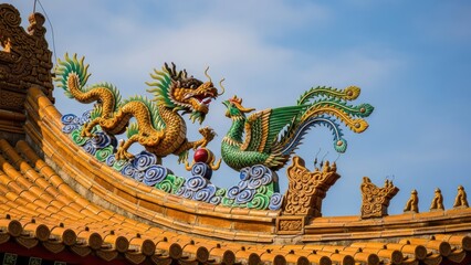 Obraz premium Chinese temple rooftop with decorative dragon and phoenix sculptures