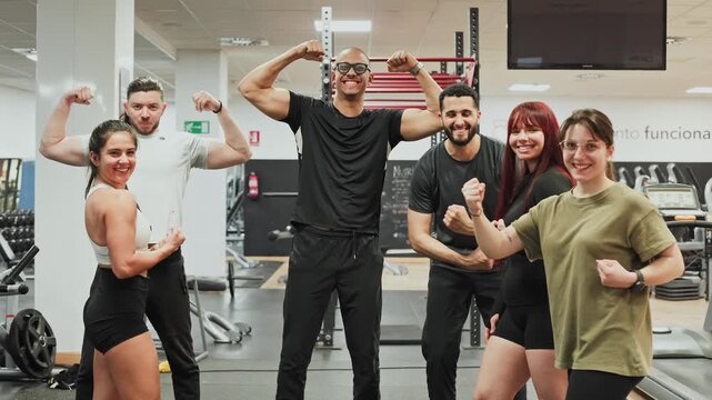 Group of fit people flexing biceps in the gym