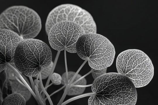 Structural Patterns: Delicate round leaves of a plant showcase intricate veining patterns in a monochrome shot. This image brings together nature’s art and the beauty of plant details.