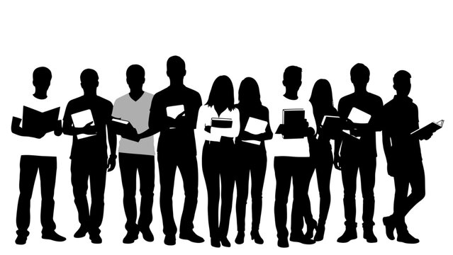 Silhouettes of a diverse group of students or young adults standing together, many holding books, against a white background.