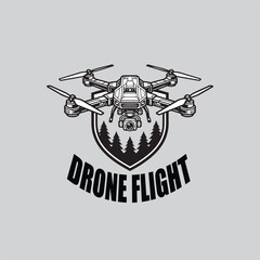 Vintage Vector Drone Flight Logo with Shield and Pine Trees