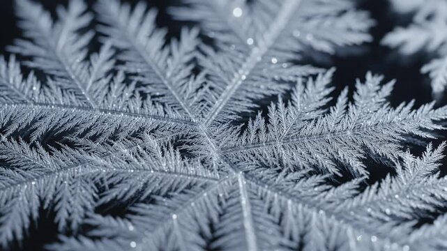 Time-lapse of a dendritic snowflake growing and crystallizing with intricate ice patterns on a dark surface