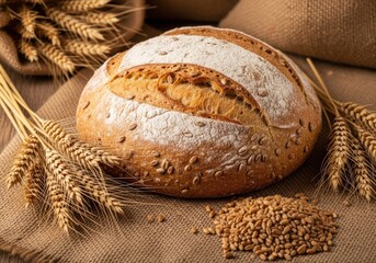 Freshly baked artisan bread with wheat ears and grains on burlap
