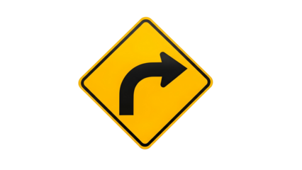 Yellow diamond road sign warning of a sharp curve to the right on black background