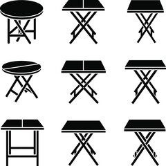 Set of nine black folding table icons silhouette portable