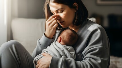 Overwhelmed young mother holding her sleeping newborn baby feeling stressed and exhausted from sleepless nights and childcare responsibilities