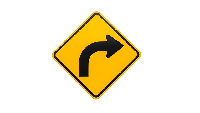 Yellow diamond road sign warning of a sharp curve to the right on black background - Powered by Adobe