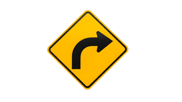 Yellow diamond road sign warning of a sharp curve to the right on black background