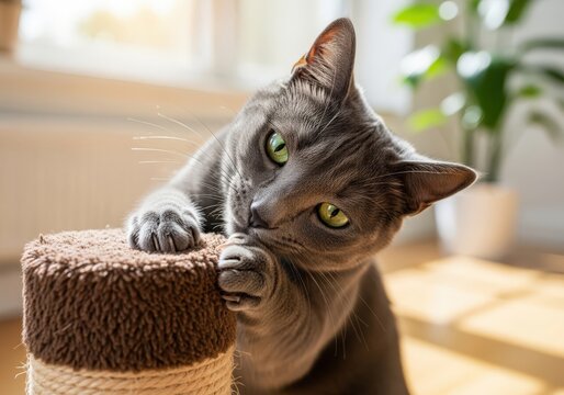 Gray cat sharpening claws on a scratching post looking at the camera
