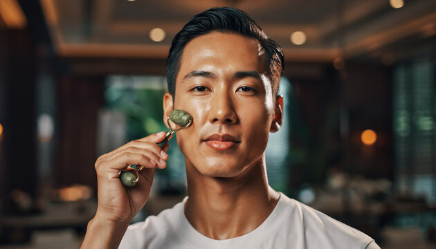 Asian man using jade roller on face, skincare routine, wellness and beauty concept