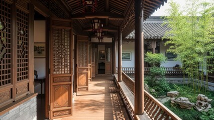 Obraz premium Traditional chinese courtyard with wooden architecture and lush garden