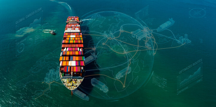 Aerial view of container cargo ship with global logistics network and digital tracking map system for smart transportation concept.