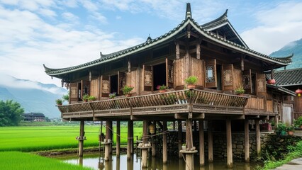 Fototapeta premium Traditional asian stilt house in lush green rice field landscape