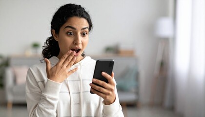 Fototapeta premium A young woman stands indoors holding a smartphone, her eyes wide, mouth open in shock, Warm ambient lighting and a softly blurred modern interior create a lively backdrop for her expressive reaction